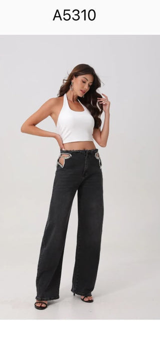 Caneloré Cut Out Strass Jeans Grey